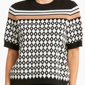 Preppy Short Sleeve Sweater in Funky Pattern by Adrianna Papell Size Small